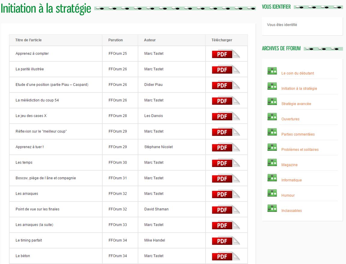 Rubrique "Initiation à la stratégie" (avec à droite, le sommaire des archives toujours visible)