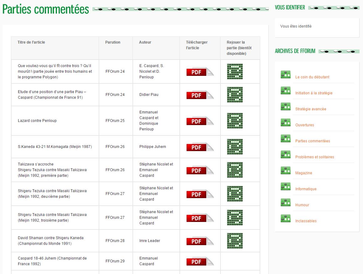Rubrique "Parties comemntées", avec possibilité, bientôt disponible, de rejouer les parties avec Live Othello